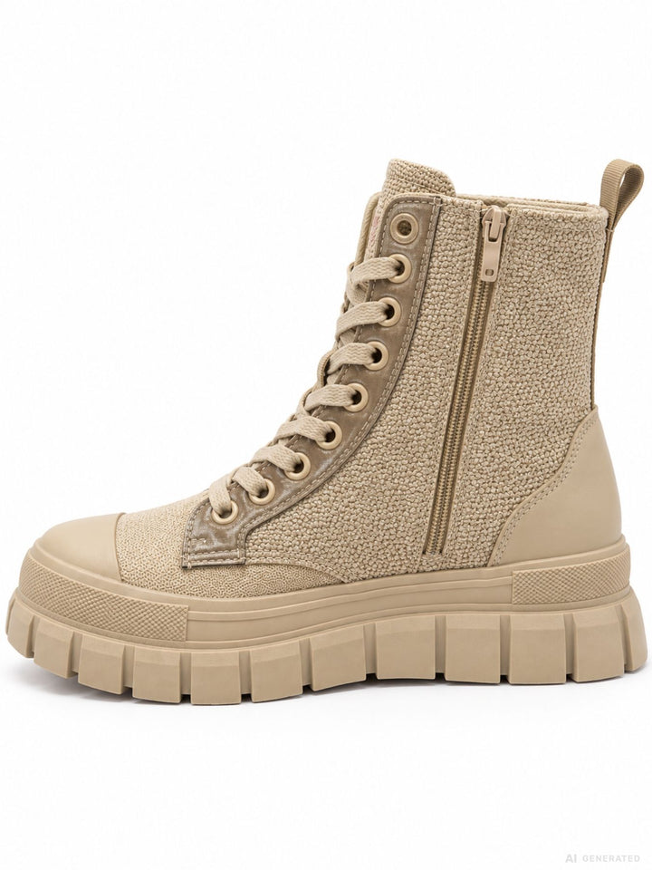 Damen Schnürboots Beige mit Strass-Smiley & Chunky-Sohle