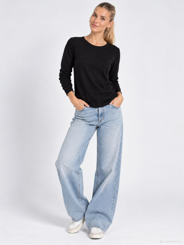 Damen Feinstrickshirt mit Rundhalsausschnitt – Schwarz