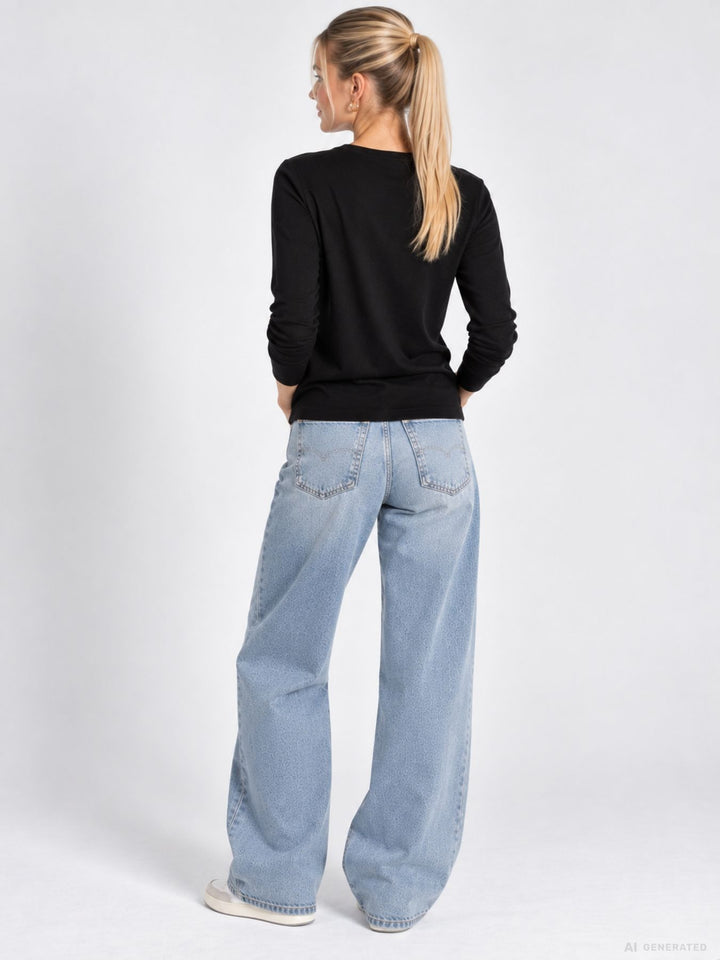 Damen Feinstrickshirt mit Rundhalsausschnitt – Schwarz