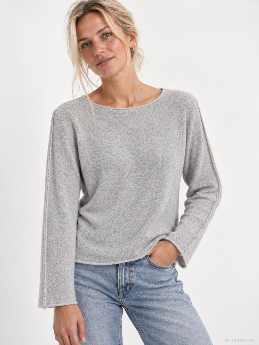 Damen Strickpullover mit Rundhals und abgerundetem Bund – Hellgrau