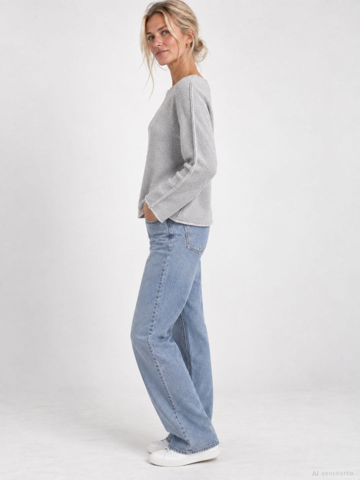 Damen Strickpullover mit Rundhals und abgerundetem Bund – Hellgrau