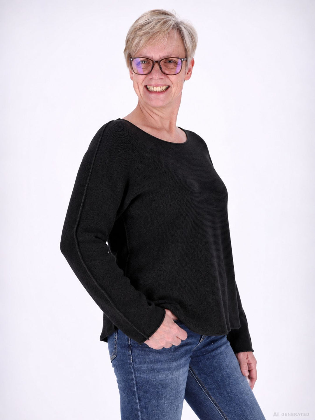 Schwarzer  Strickpullover Damen Rundhals abgerundeter Bund