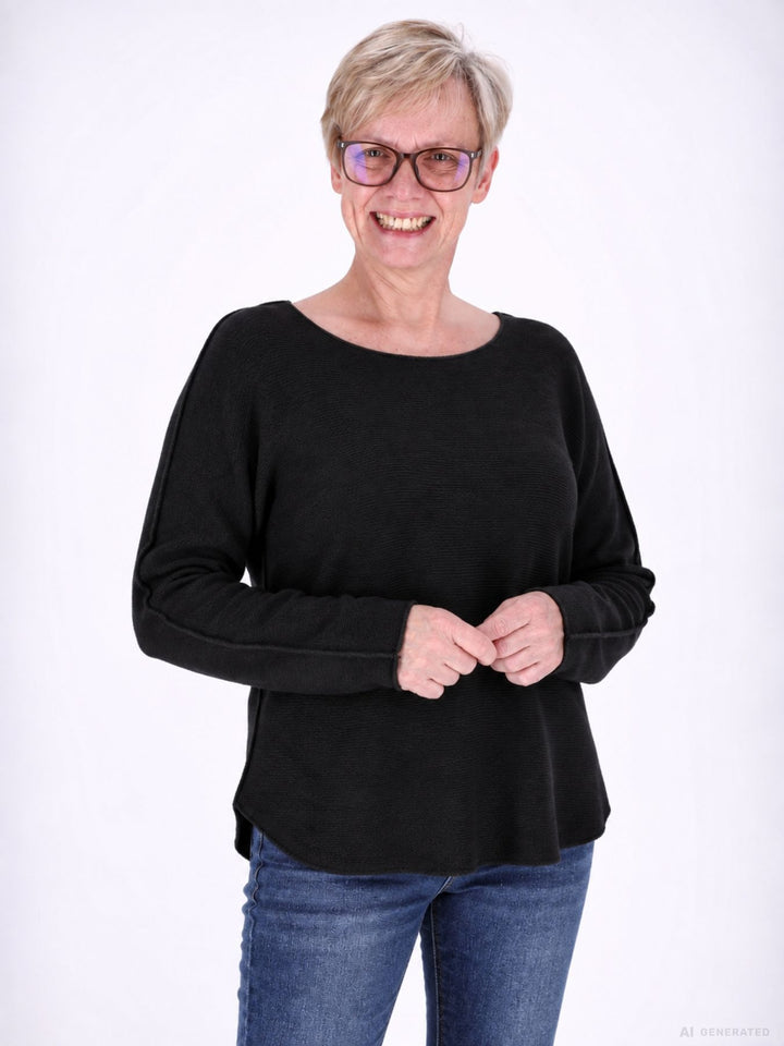 Schwarzer  Strickpullover Damen Rundhals abgerundeter Bund
