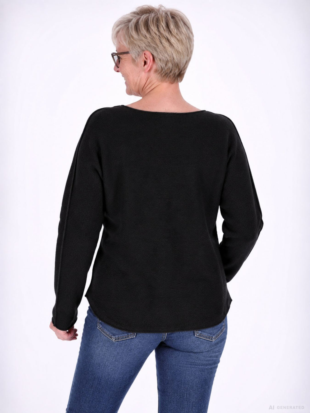 Schwarzer  Strickpullover Damen Rundhals abgerundeter Bund