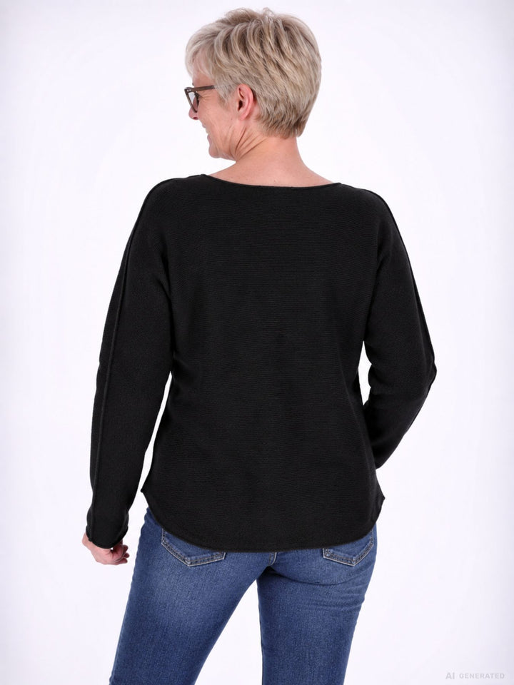 Schwarzer  Strickpullover Damen Rundhals abgerundeter Bund