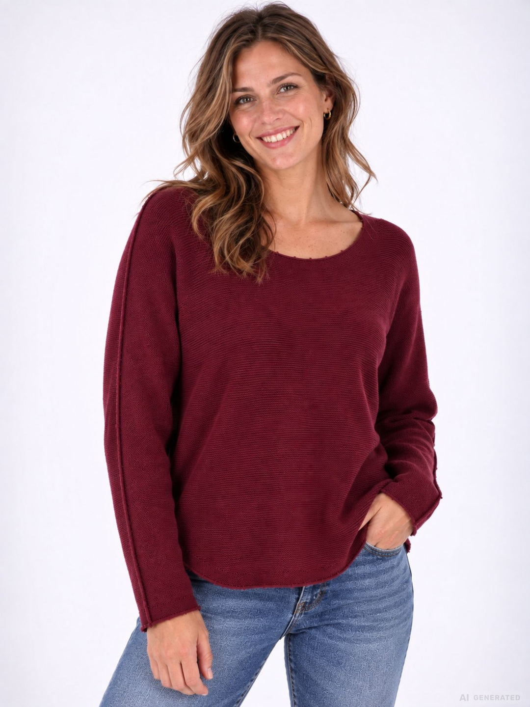 Weinroter Strickpullover Damen Rundhals abgerundeter Bund