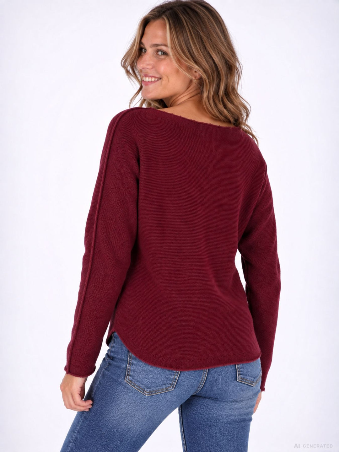 Weinroter Strickpullover Damen Rundhals abgerundeter Bund