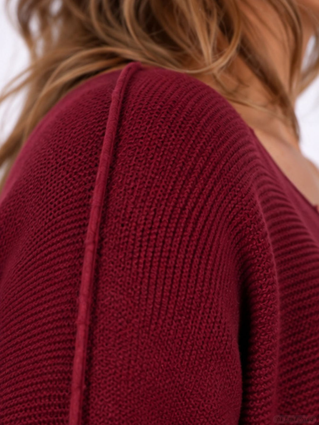 Weinroter Strickpullover Damen Rundhals abgerundeter Bund