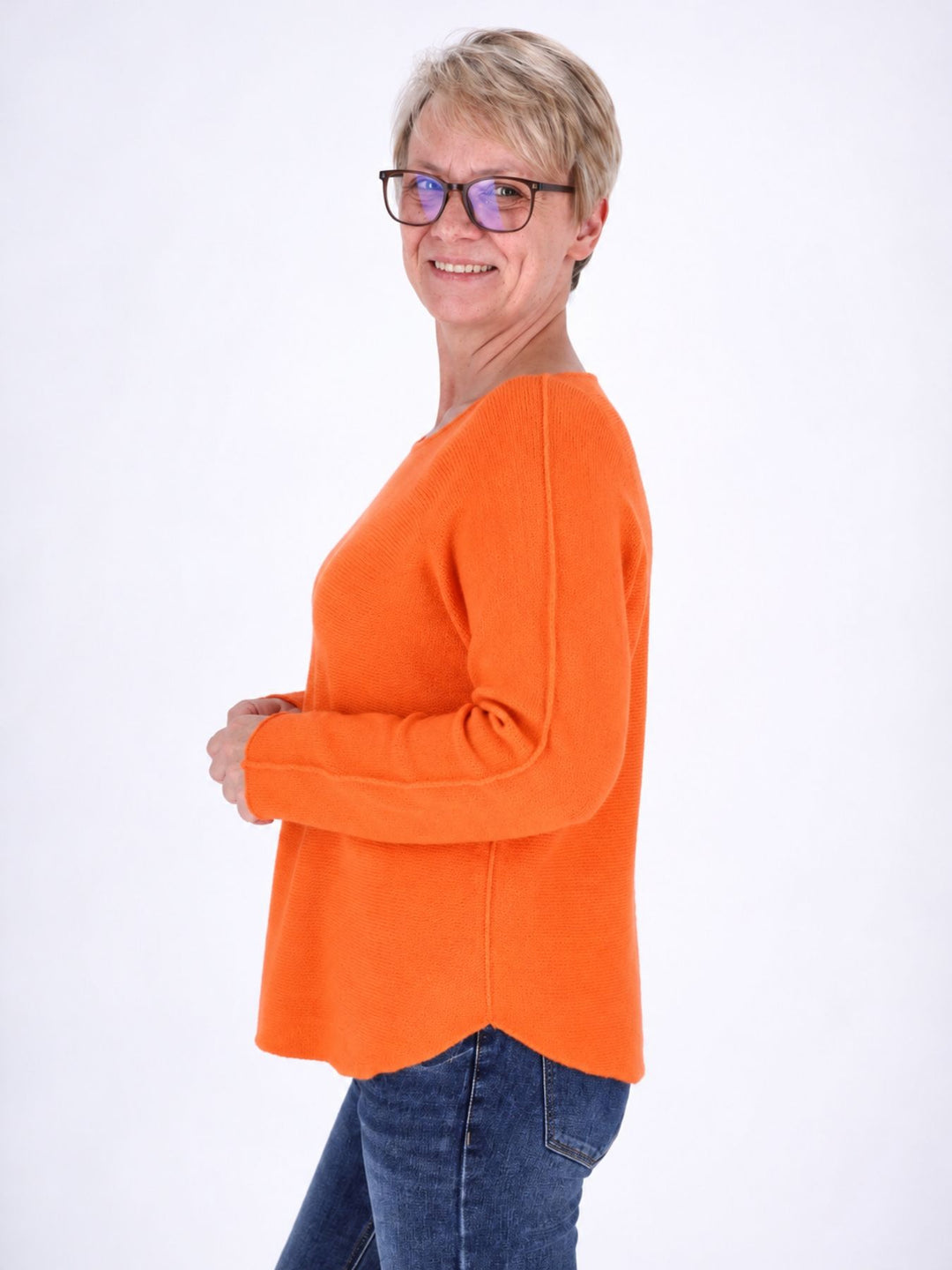 Orangener Strickpullover Damen Rundhals abgerundeter Bund