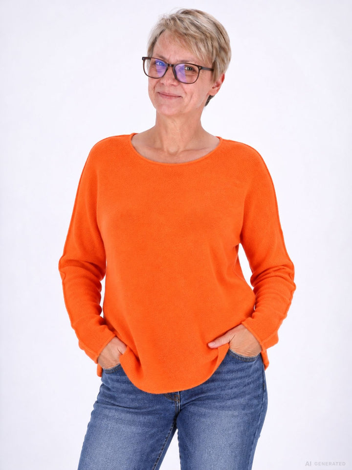 Orangener Strickpullover Damen Rundhals abgerundeter Bund