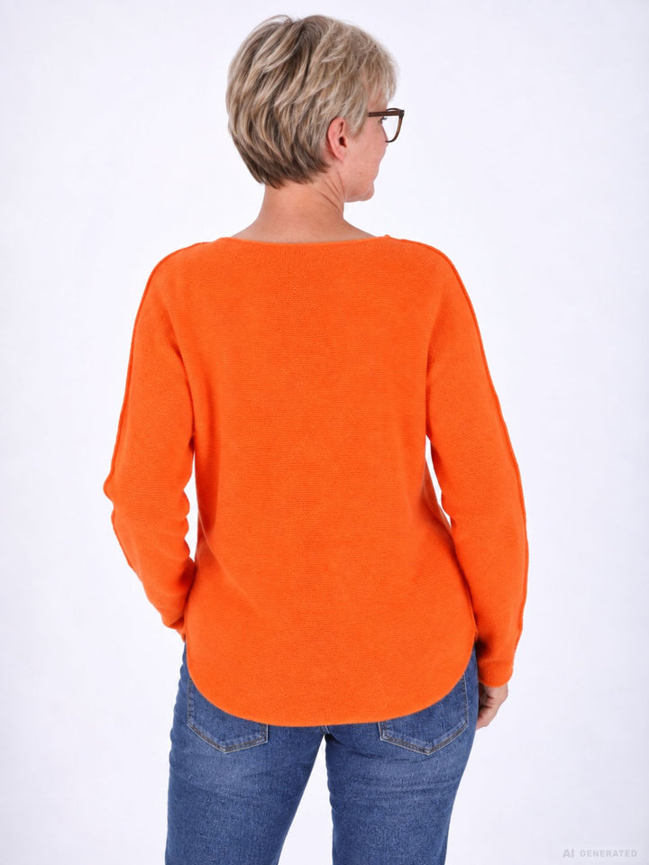 Orangener Strickpullover Damen Rundhals abgerundeter Bund