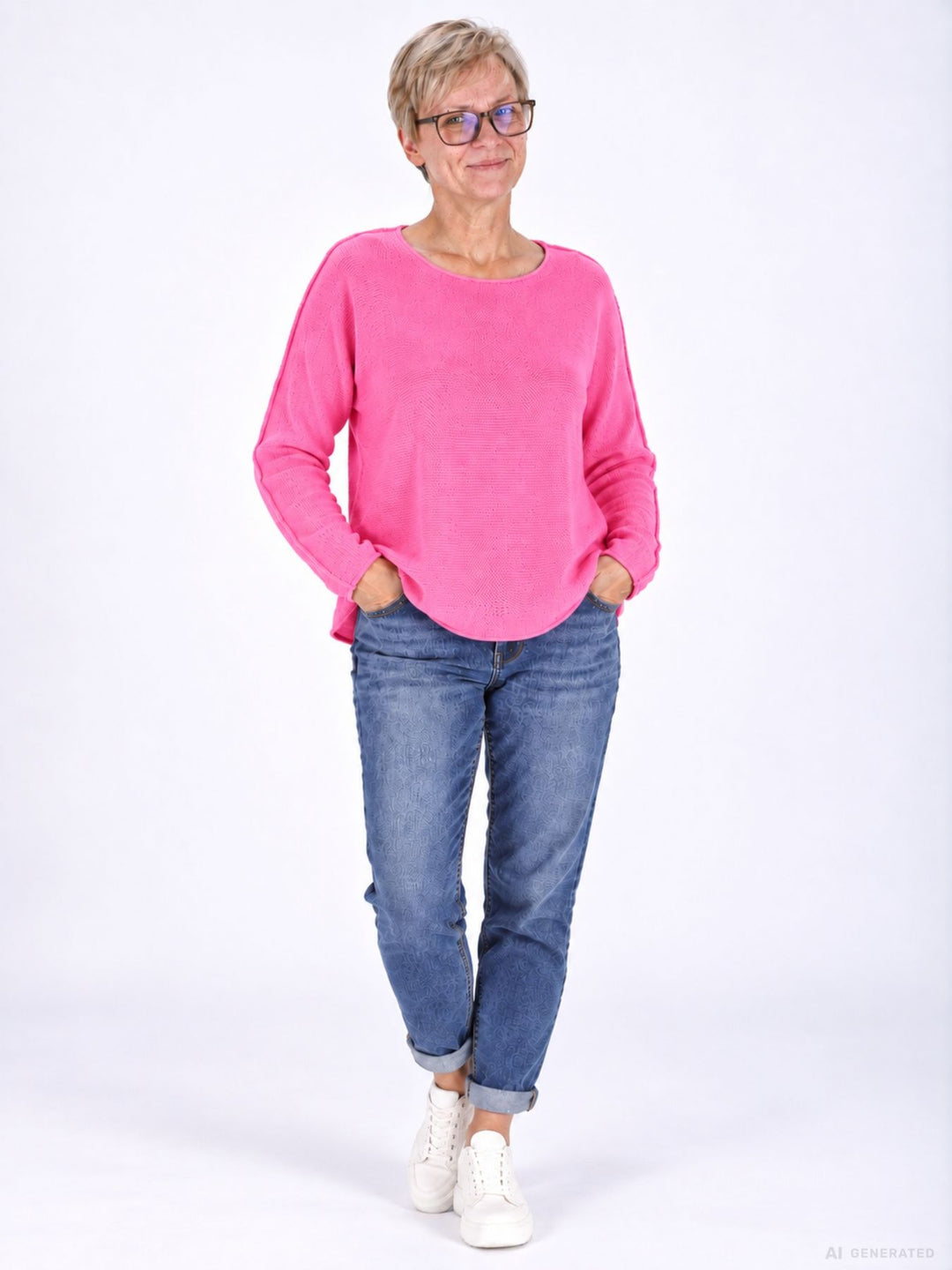 Strickpullover Pink Damen Rundhals abgerundeter Bund