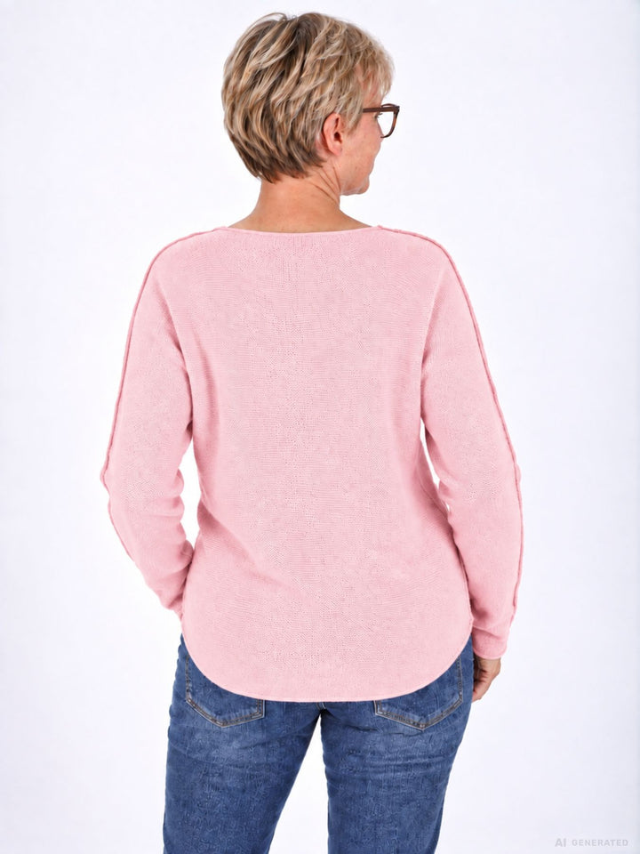 Strickpullover Damen Rosa Rundhals abgerundeter Bund