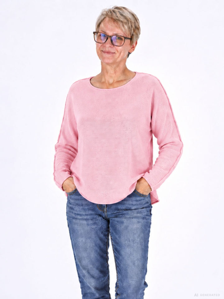 Strickpullover Damen Rosa Rundhals abgerundeter Bund