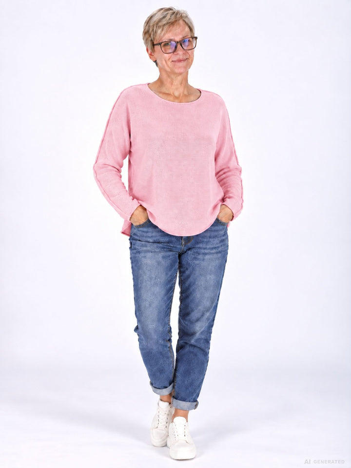 Strickpullover Damen Rosa Rundhals abgerundeter Bund