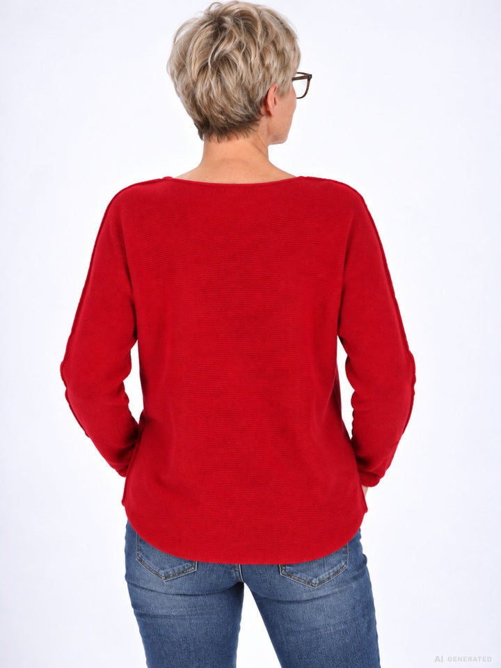 Roter Strickpullover Damen Rundhals abgerundeter Bund