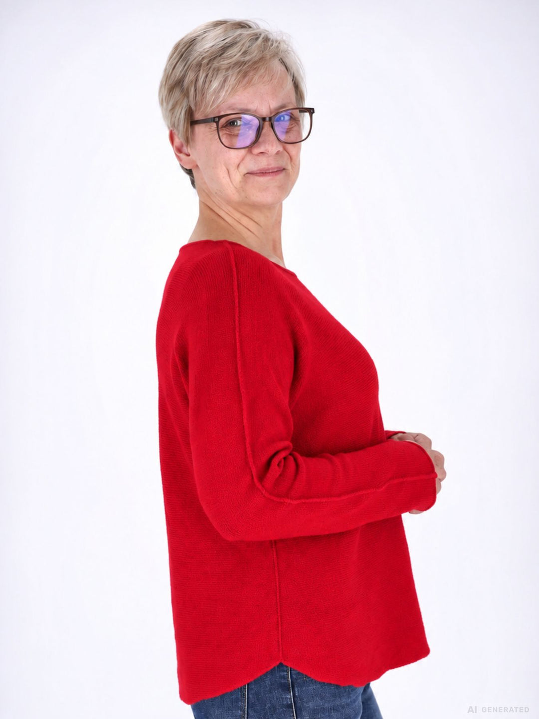 Roter Strickpullover Damen Rundhals abgerundeter Bund