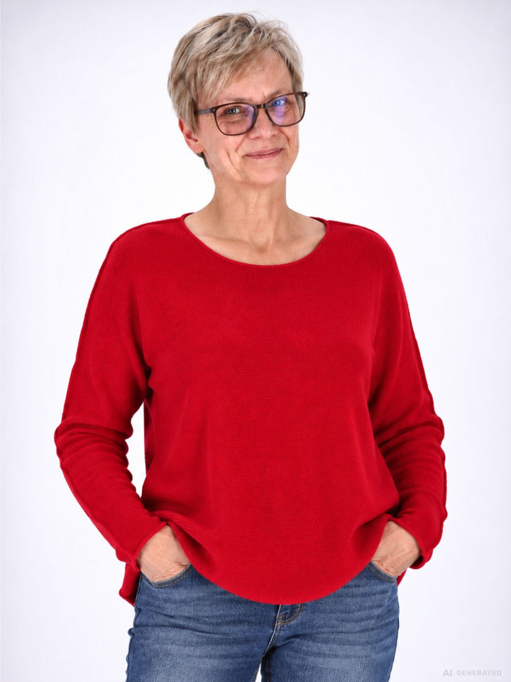 Roter Strickpullover Damen Rundhals abgerundeter Bund