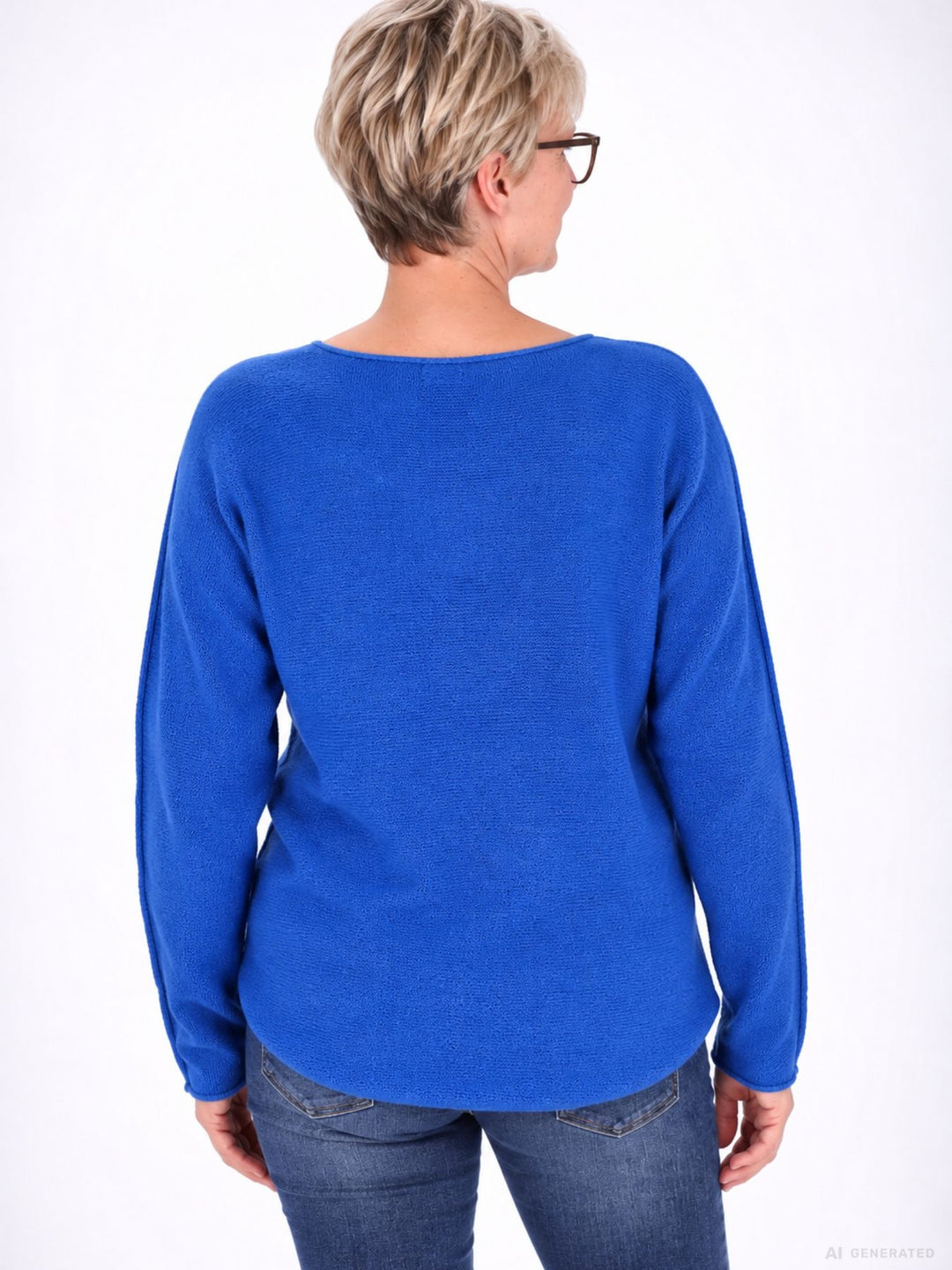 Royal Blue Strickpullover Damen Rundhals abgerundeter Bund