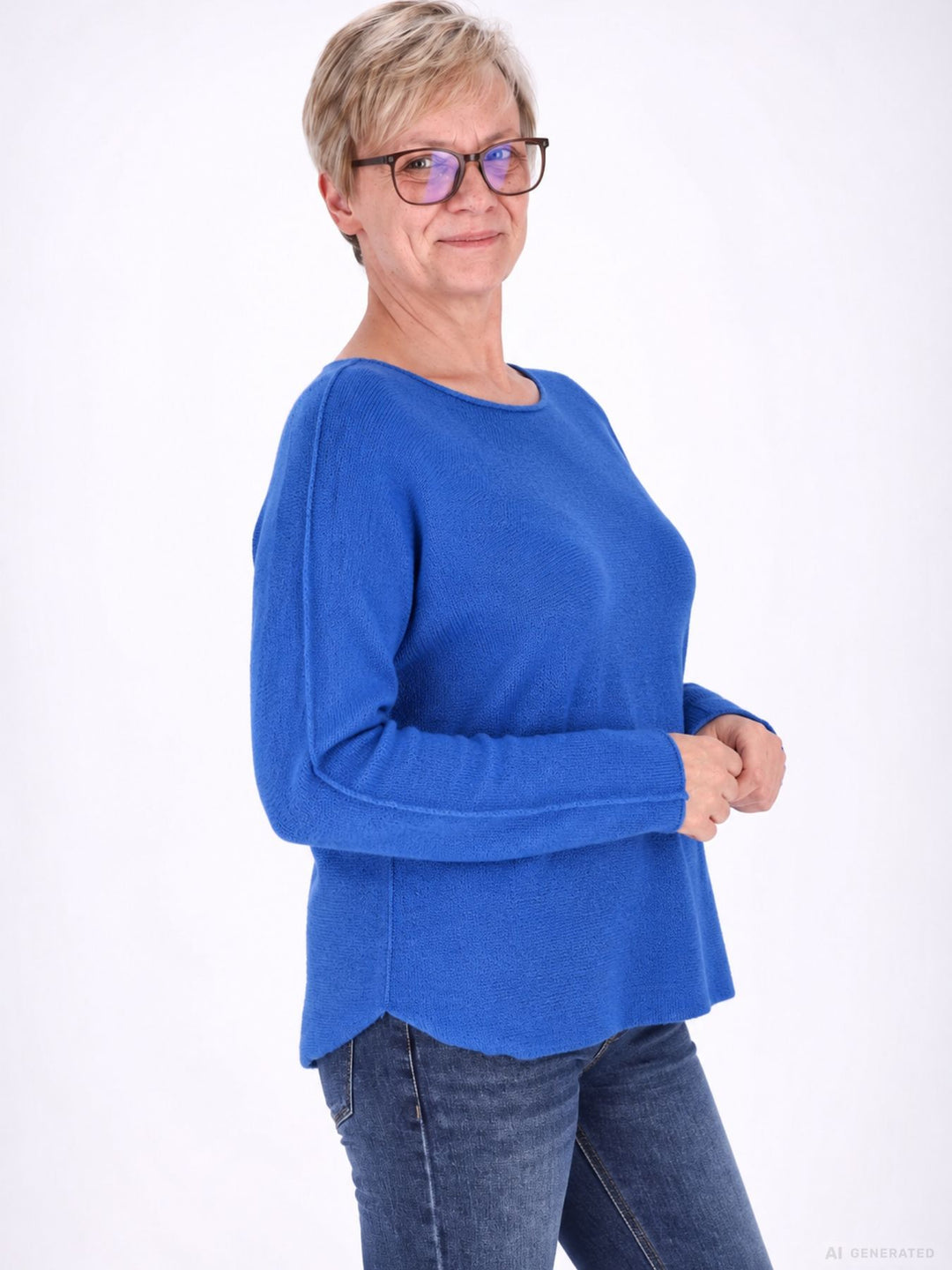 Royal Blue Strickpullover Damen Rundhals abgerundeter Bund
