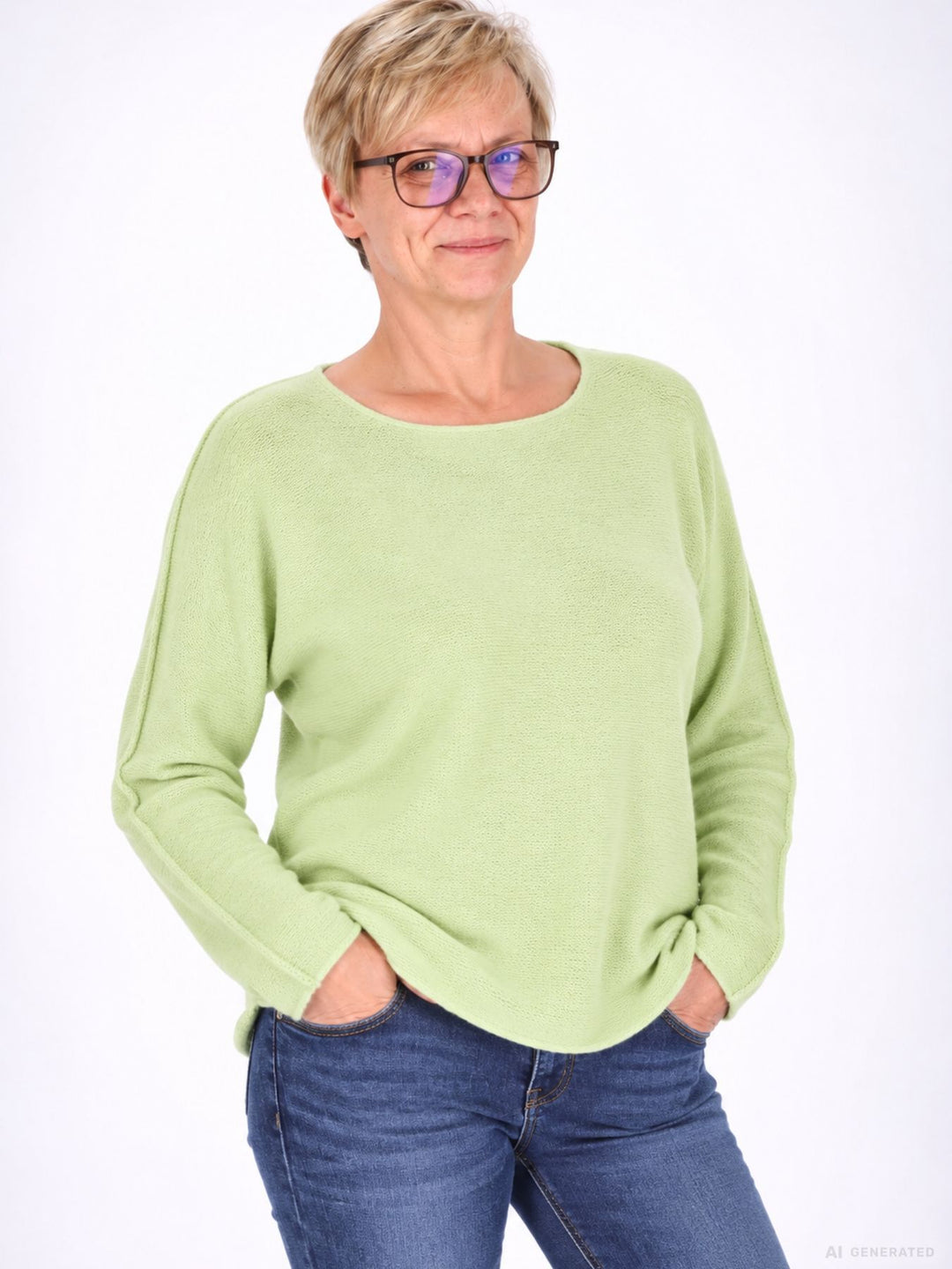 Damen Strickpullover mit Rundhals und abgerundetem Bund – Hellgrün