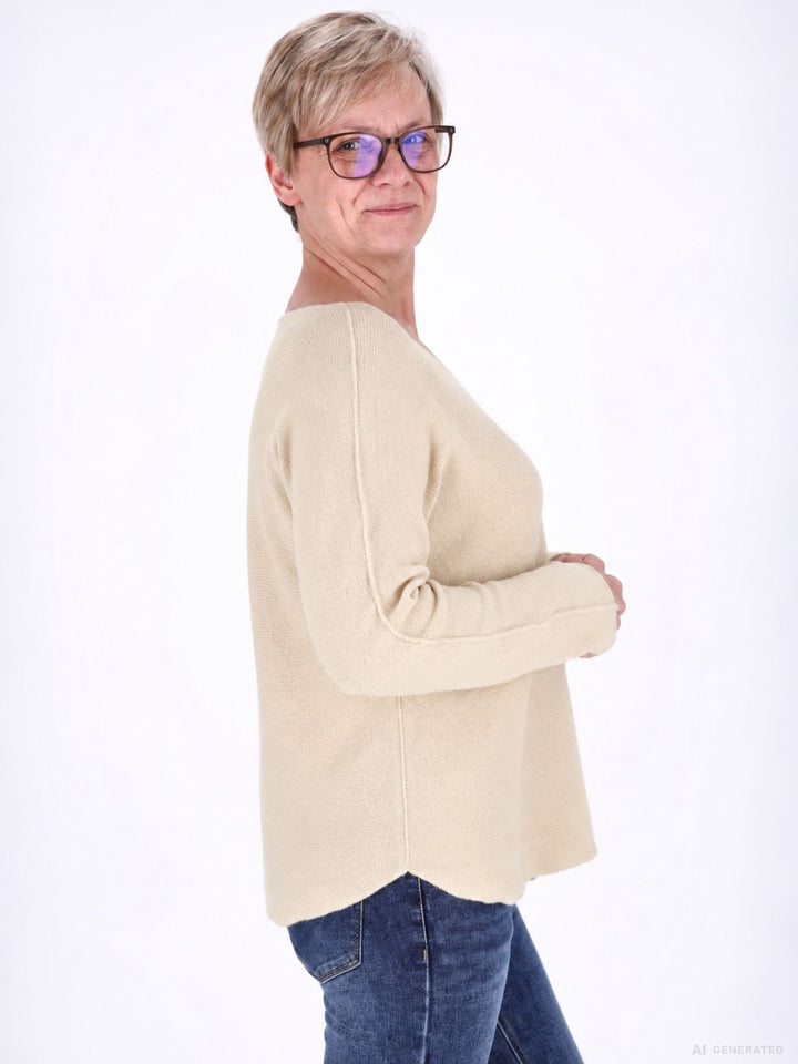 Strickpullover Damen Rundhals abgerundeter Bund in Beige