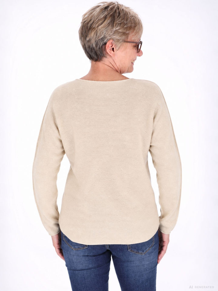 Strickpullover Damen Rundhals abgerundeter Bund in Beige