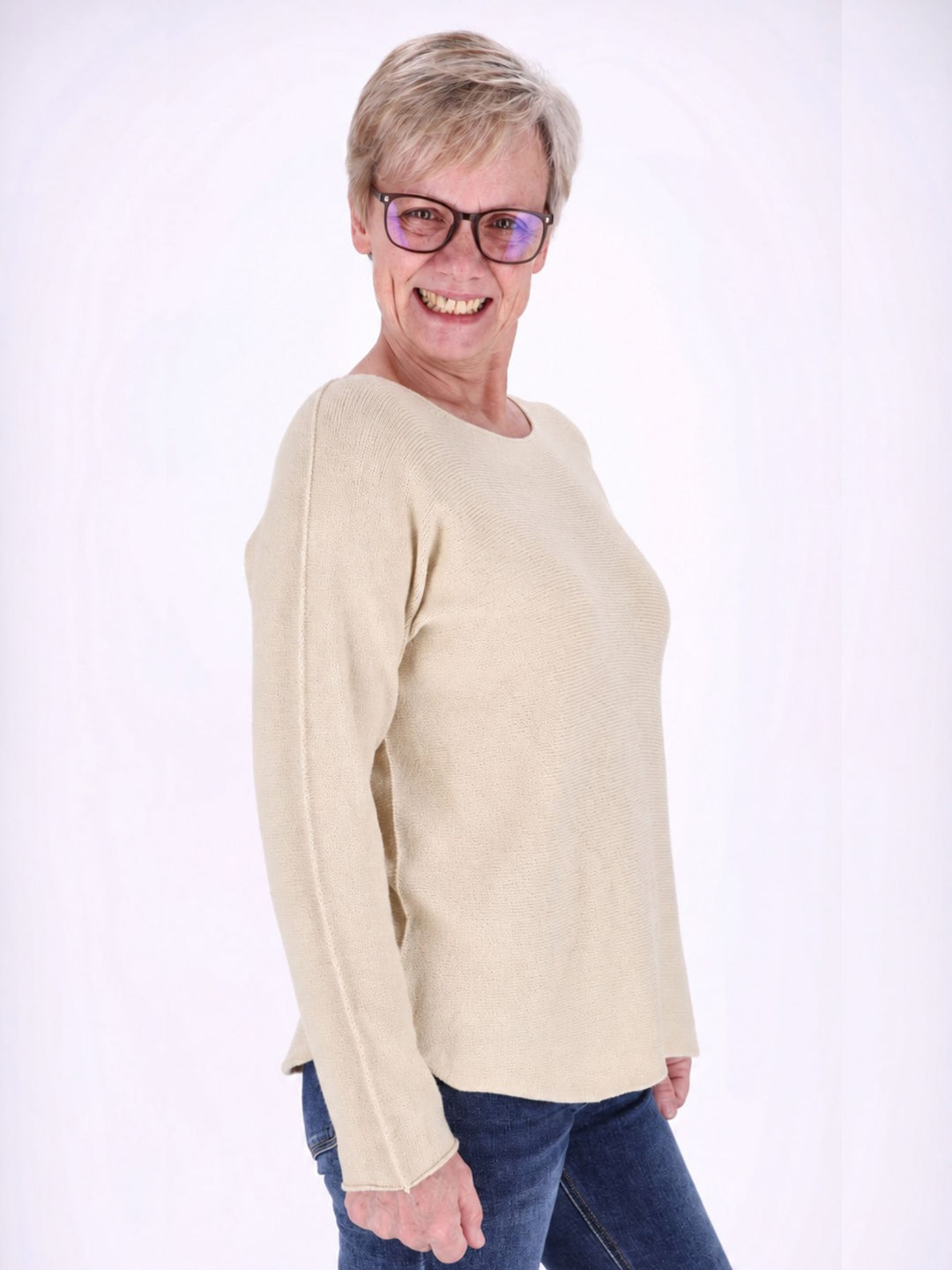 Strickpullover Damen Rundhals abgerundeter Bund in Beige