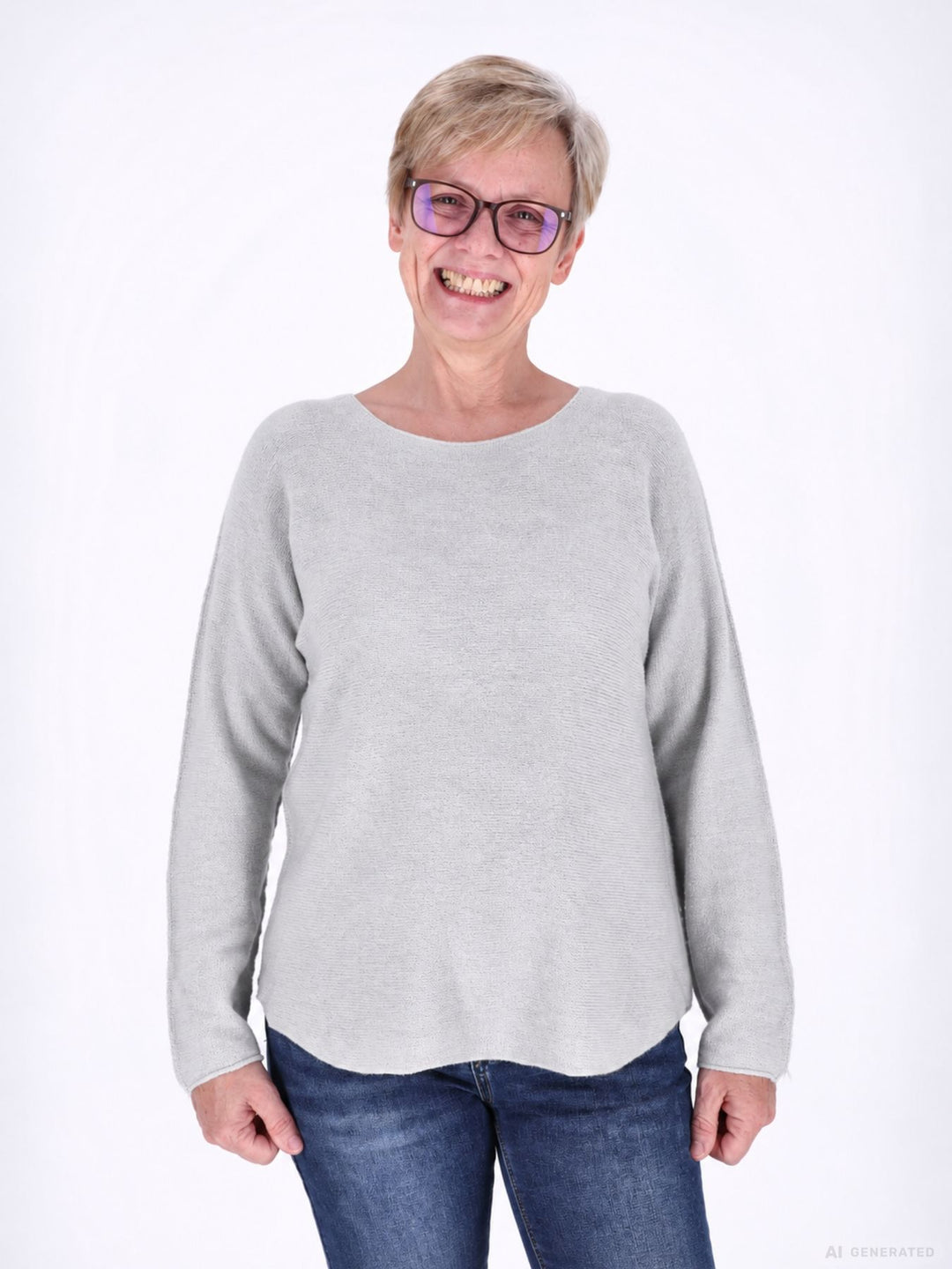 Damen Strickpullover mit Rundhals und abgerundetem Bund – Hellgrau