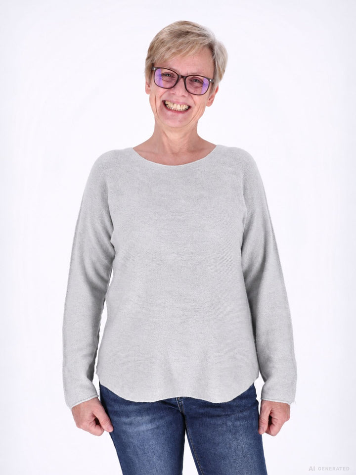 Damen Strickpullover mit Rundhals und abgerundetem Bund – Hellgrau