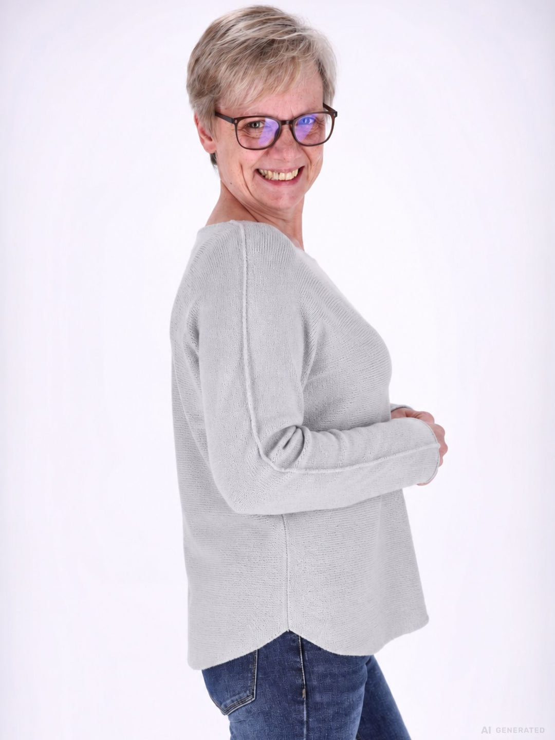 Damen Strickpullover mit Rundhals und abgerundetem Bund – Hellgrau