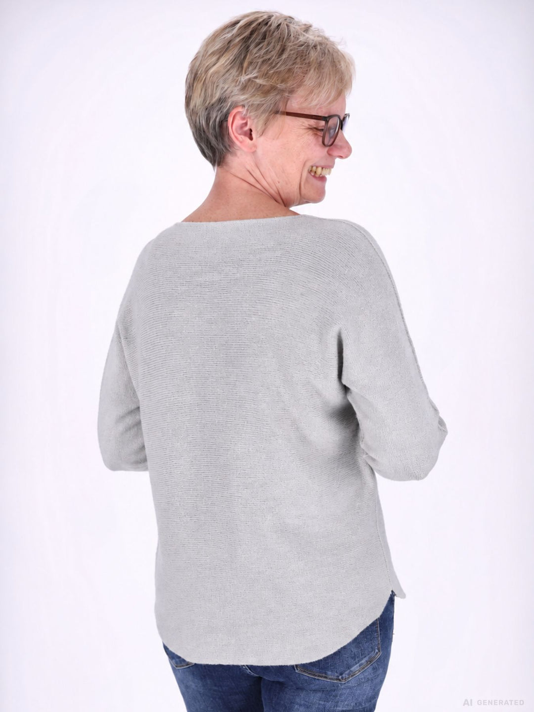 Damen Strickpullover mit Rundhals und abgerundetem Bund – Hellgrau