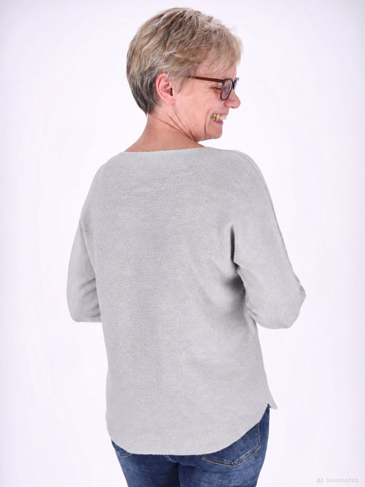 Damen Strickpullover mit Rundhals und abgerundetem Bund – Hellgrau