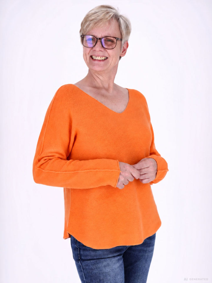Strickpullover Damen V-Ausschnitt abgerundeter Bund