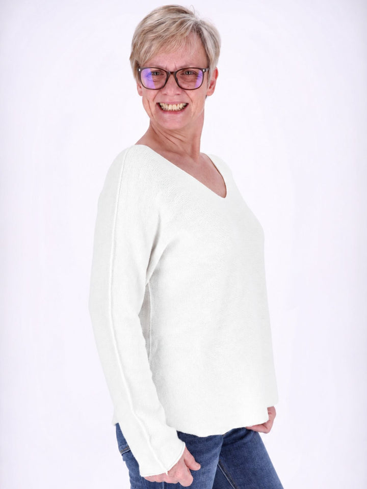 Strickpullover Damen V-Ausschnitt abgerundeter Bund