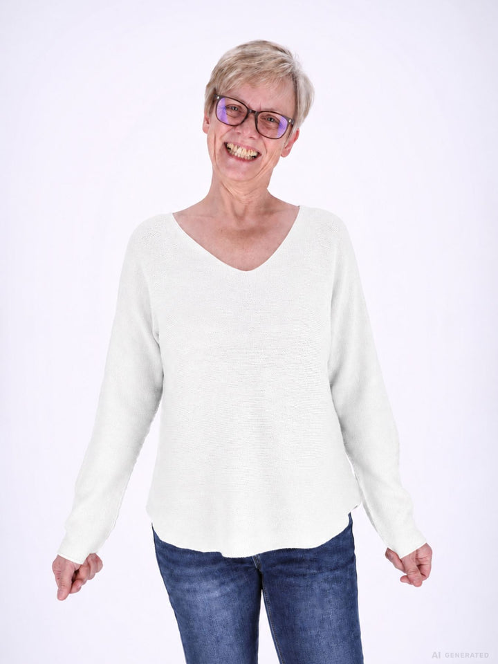 Strickpullover Damen V-Ausschnitt abgerundeter Bund
