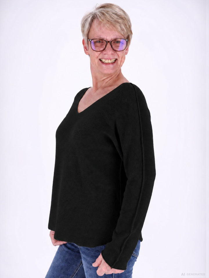 Strickpullover Damen V-Ausschnitt abgerundeter Bund