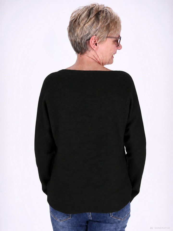 Schwarzer Strickpullover Damen V-Ausschnitt abgerundeter Bund