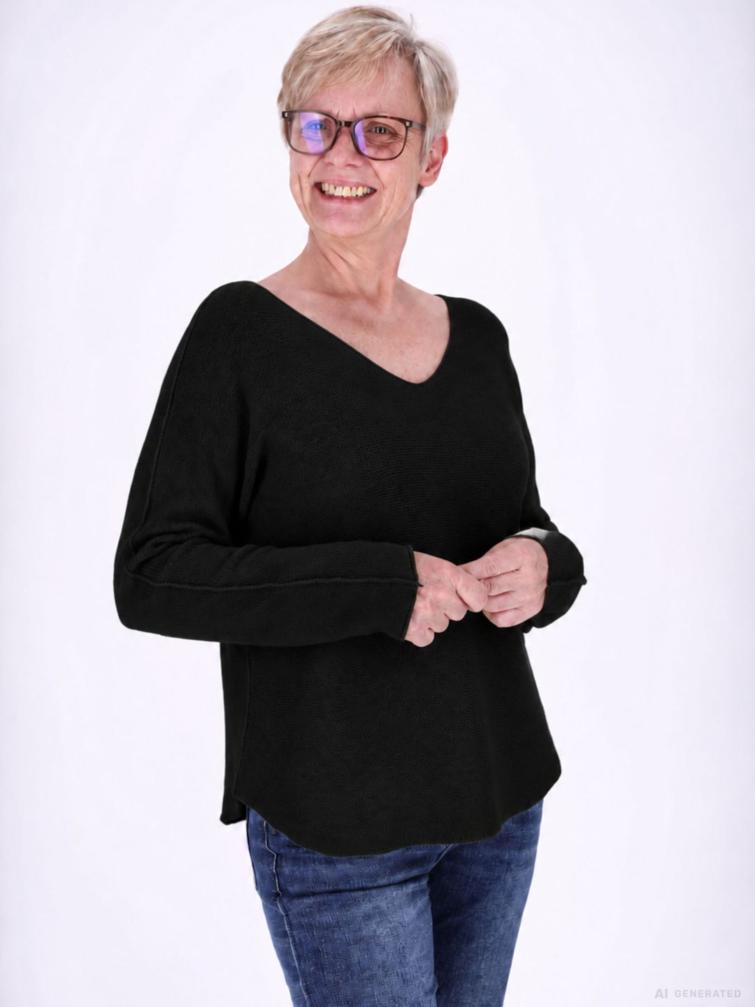 Strickpullover Damen V-Ausschnitt abgerundeter Bund