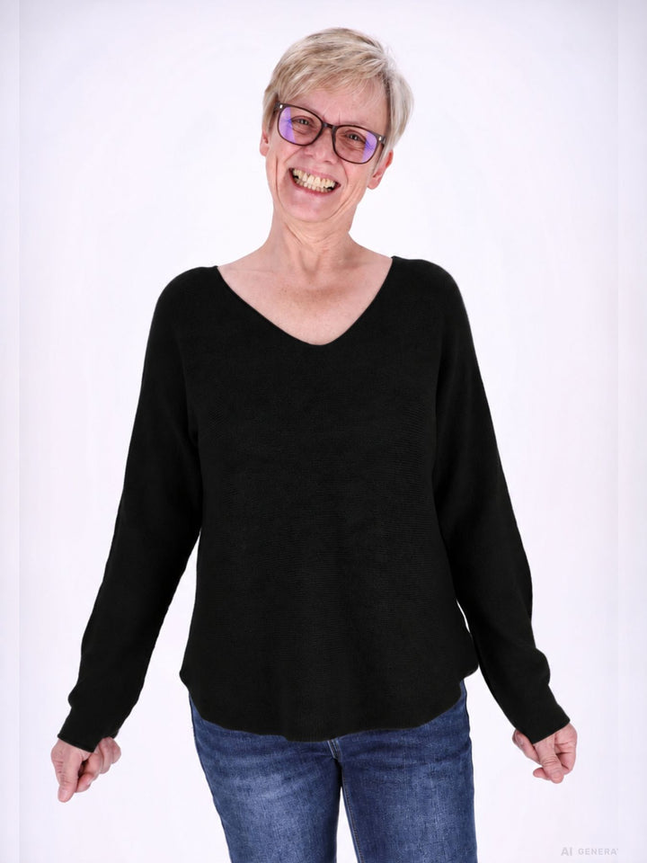Strickpullover Damen V-Ausschnitt abgerundeter Bund