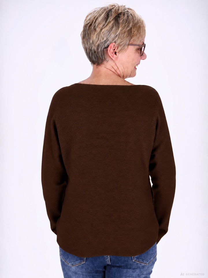 Brauner Strickpullover Damen V-Ausschnitt mit abgerundetem Bund