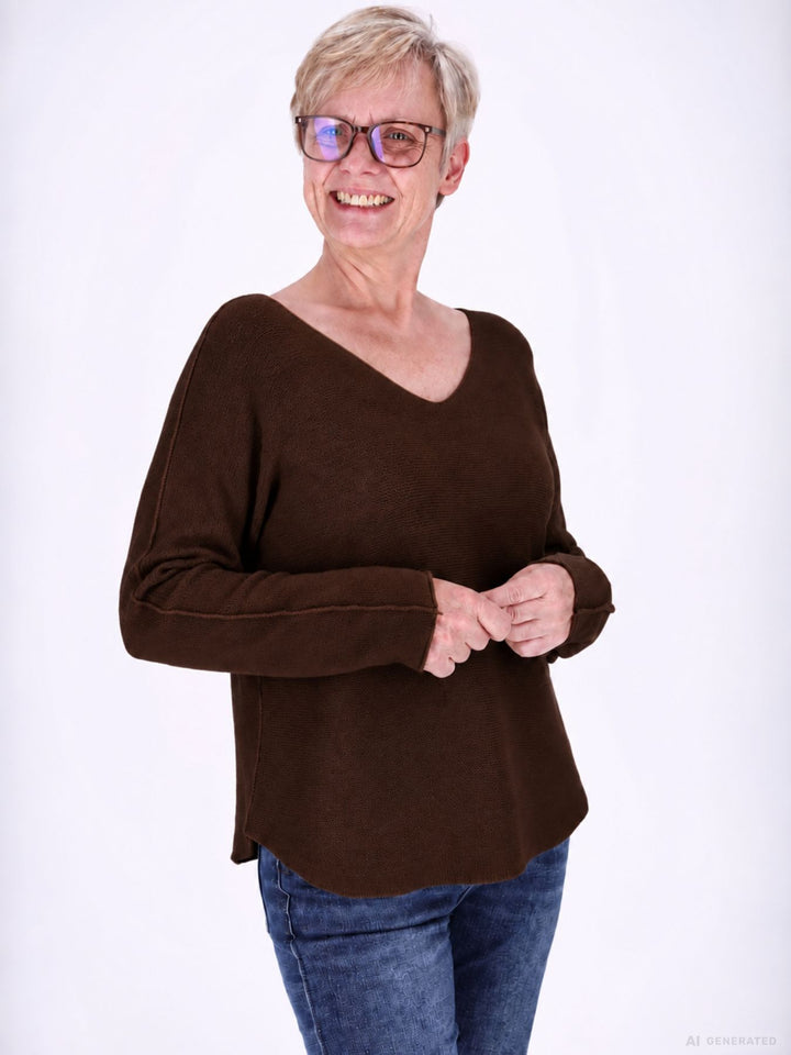Brauner Strickpullover Damen V-Ausschnitt mit abgerundetem Bund