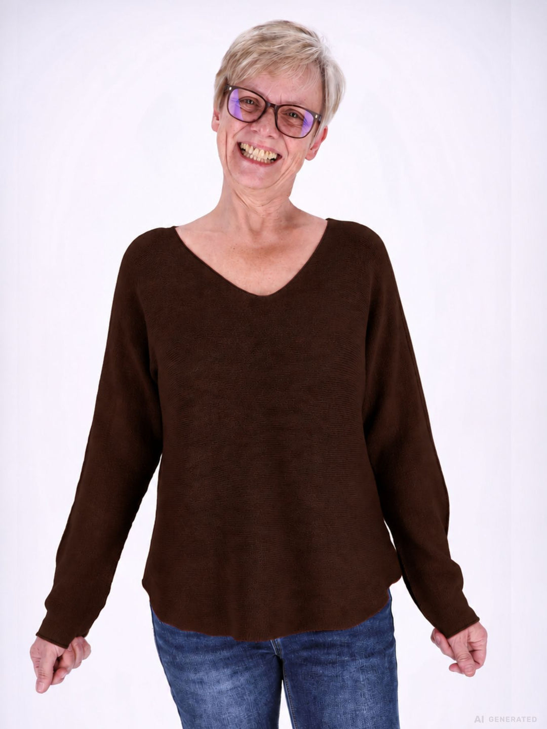 Brauner Strickpullover Damen V-Ausschnitt mit abgerundetem Bund