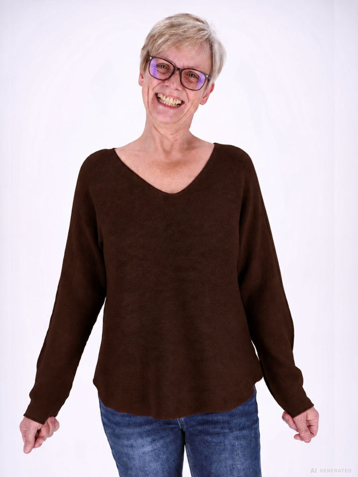 Brauner Strickpullover Damen V-Ausschnitt mit abgerundetem Bund