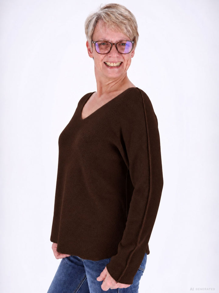 Brauner Strickpullover Damen V-Ausschnitt mit abgerundetem Bund