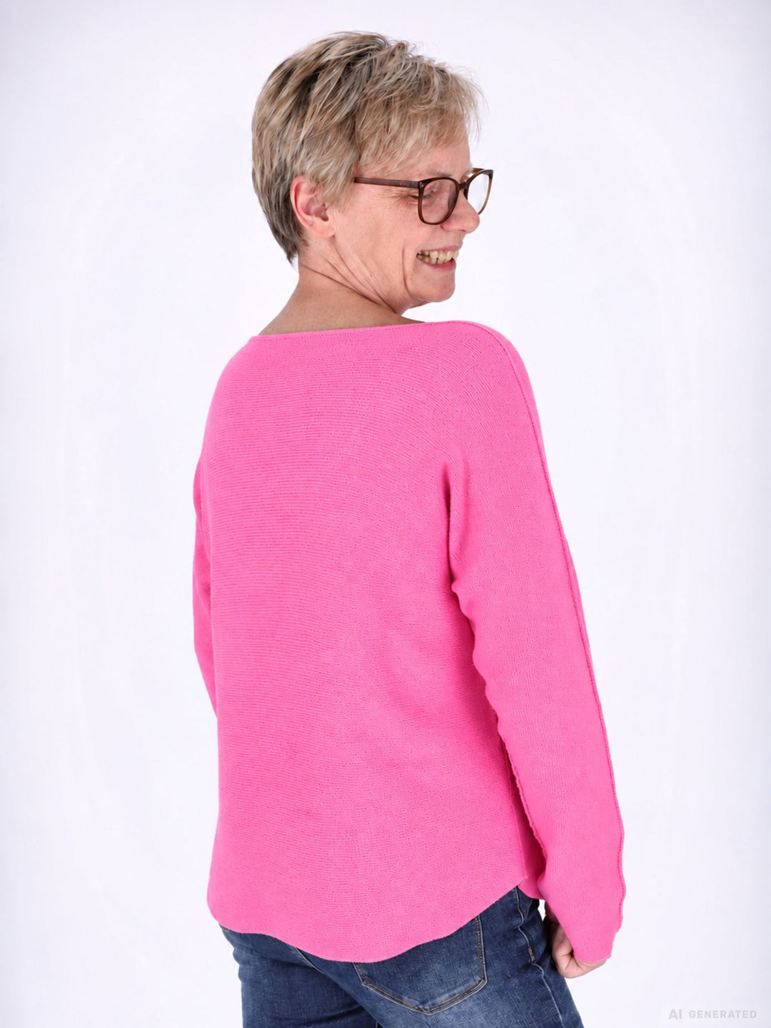 Barbie Pink Strickpullover Damen V-Ausschnitt mit abgerundetem Bund