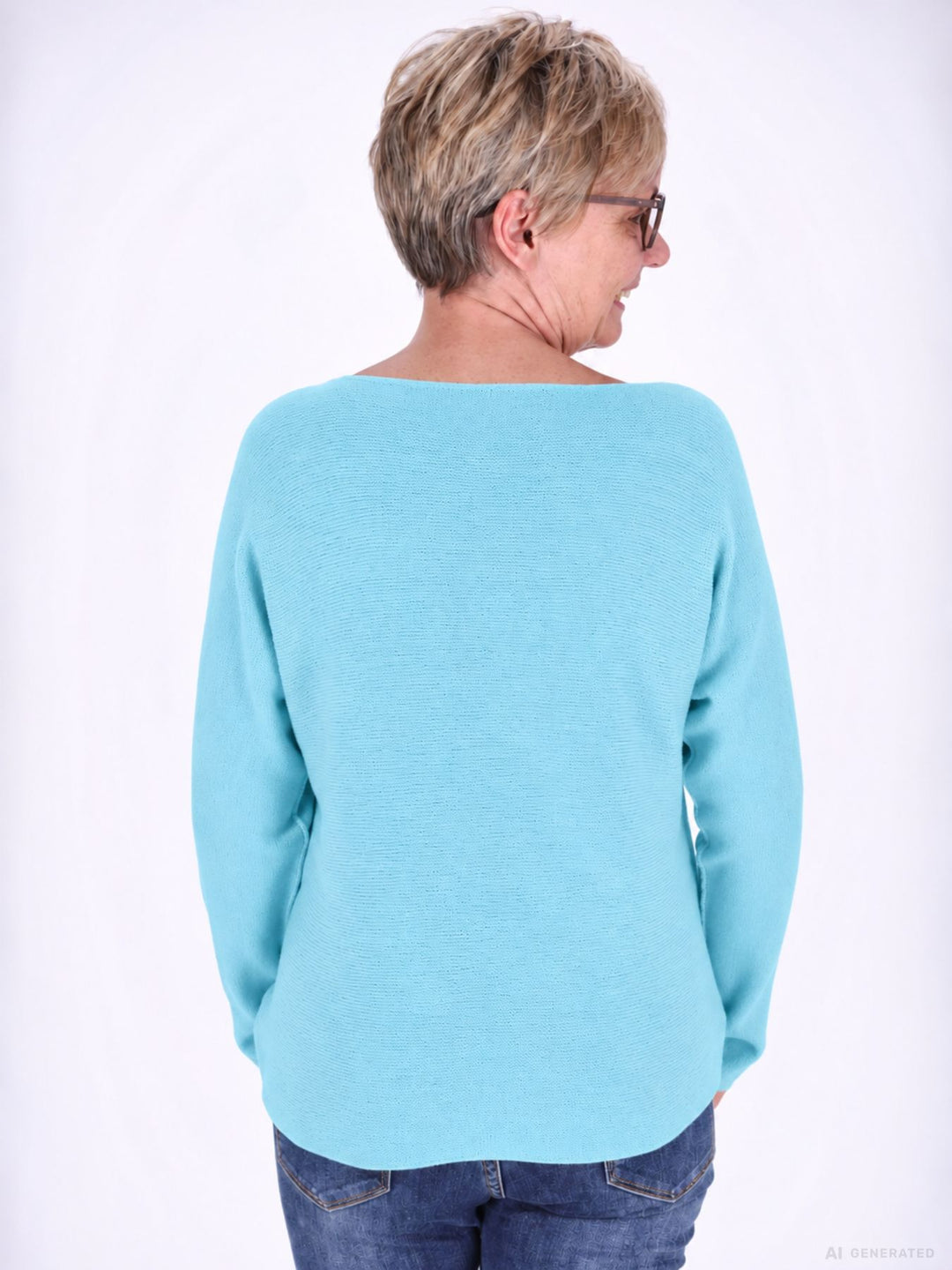 Aqua Strickpullover Damen V-Ausschnitt mit abgerundetem Bund