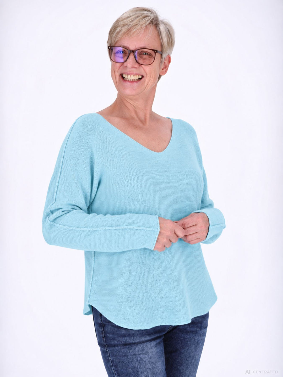 Aqua Strickpullover Damen V-Ausschnitt mit abgerundetem Bund
