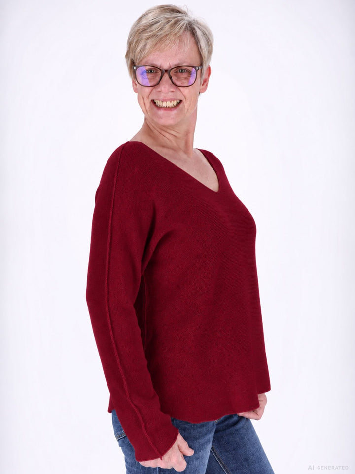 Weinroter Strickpullover Damen V-Ausschnitt mit abgerundetem Bund