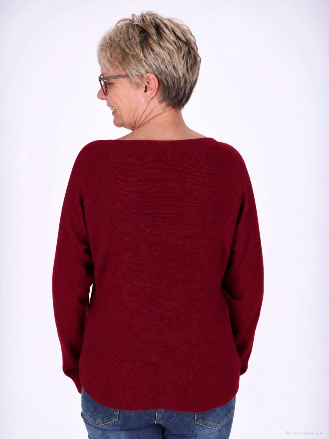 Weinroter Strickpullover Damen V-Ausschnitt mit abgerundetem Bund